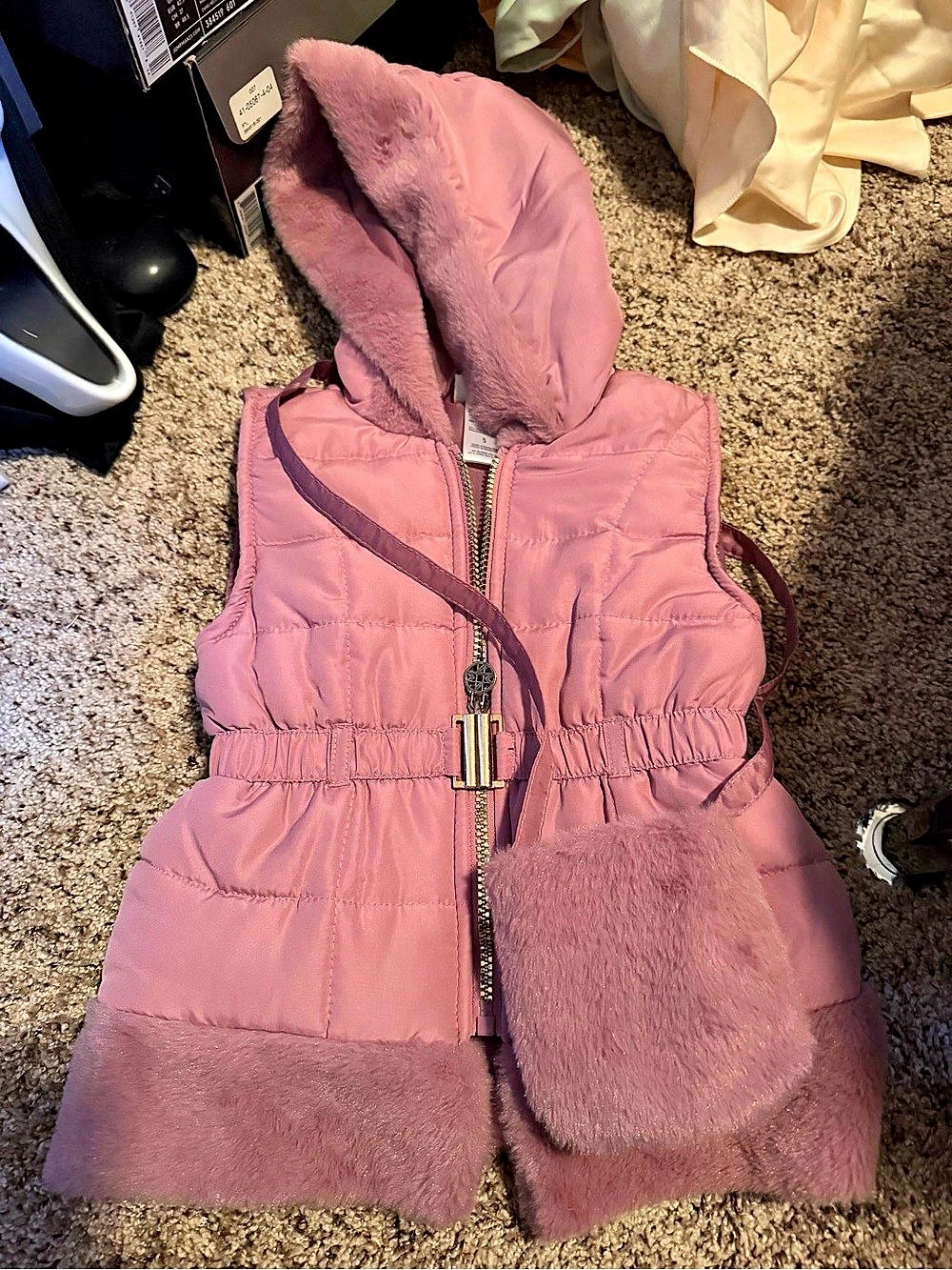 (Girls) Pink Hooded Faux Fur Trim Vest & Fur Purse